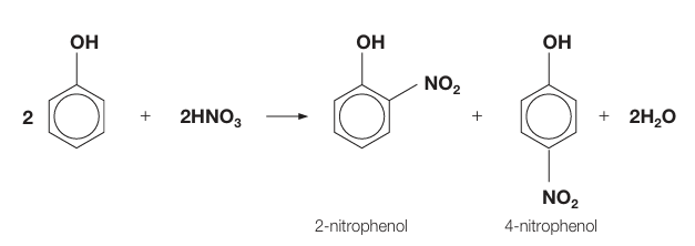 <p>forms two nitrophenol and water, basically plus onto phenol but loses hydrogen (at 2,4 )</p>