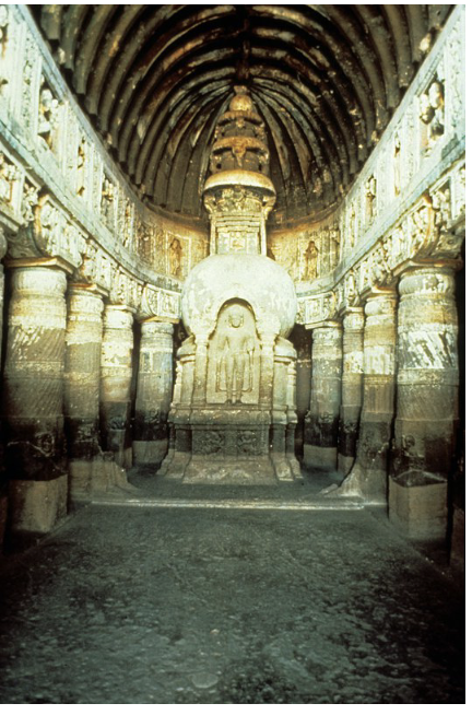 <p><span>Ajanta Cave 19; interior, Main Hall, view toward stupa</span></p>