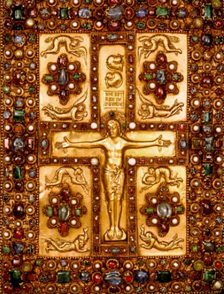 <p>outer cover, Lindau Gospels c. 870-880; gold, pearls, sapphires, garnets, and emeralds; traced to workshop for Charles the Bald possibly at St. Denis; Medieval art</p>