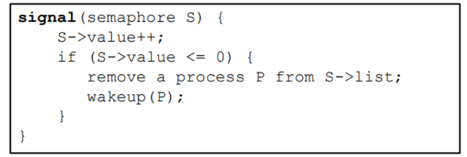 * semaphore value is incremented
* if semaphore is ≤ 0 means that a resource is available and a process can be selected for execution 
  * process removed from semaphore list
  * process is restarted using the `wakeup()`
  * process state changes from ***waiting → ready***
  * process is placed in the ready queue
  * depending on the CPU scheduling algorithm the cpu may or may not be switched from currently running process to the new, ready process

 