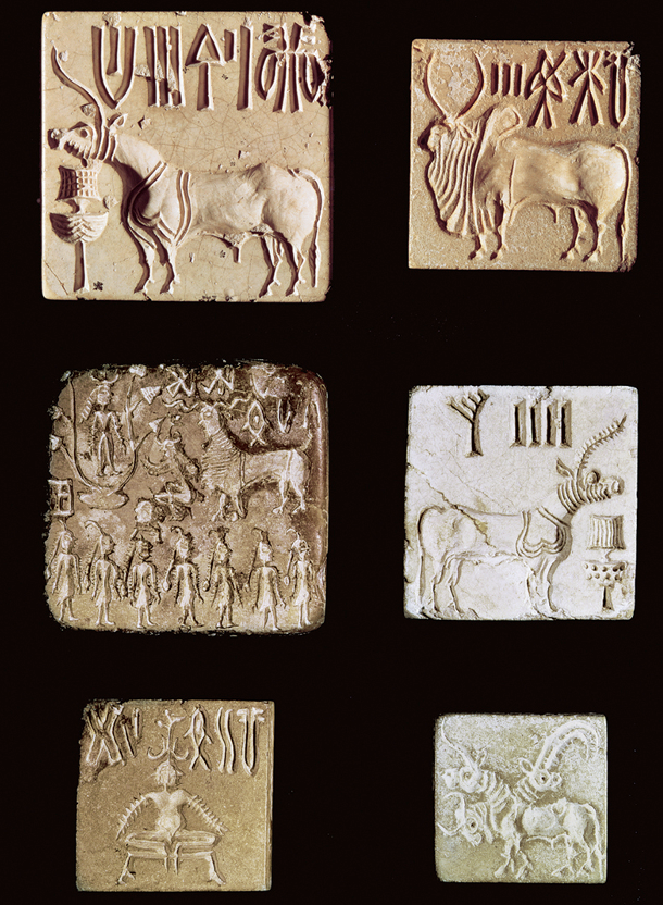 <p><span>SEAL IMPRESSIONS<br>A, D horned animal; B buffalo; C sacrificial rite to a goddess (?); E yogi; F three-headed animal. Indus Valley civilization, c. 2500-1500 BCE</span></p>