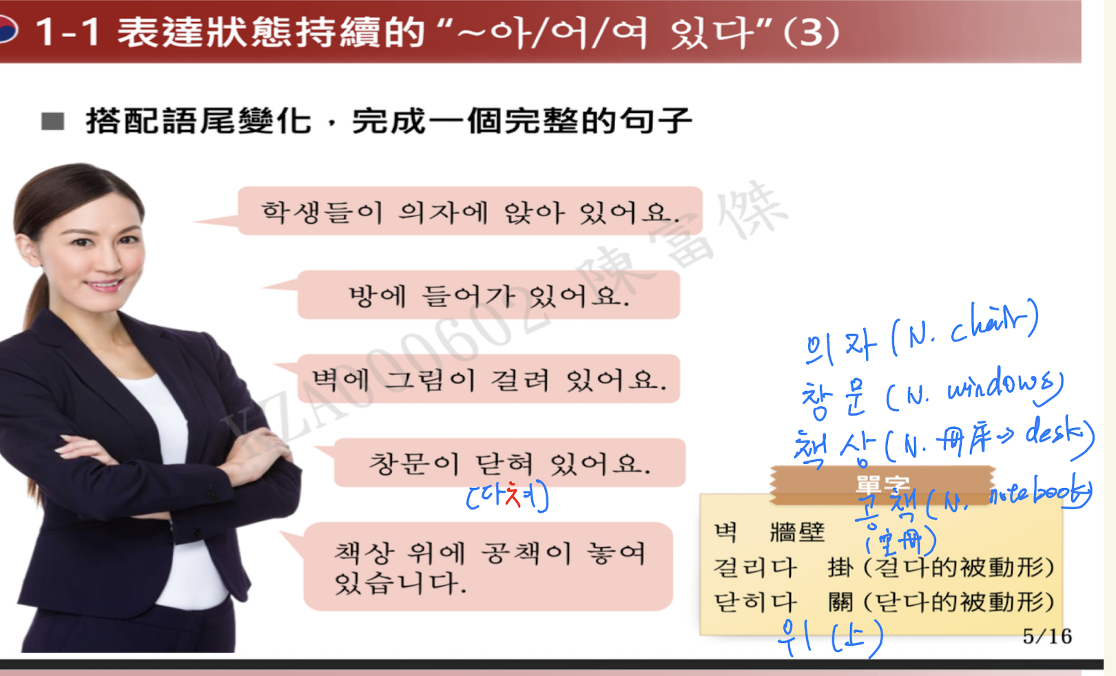 <p>表示動作<strong>完成後的狀態持續，限用於不需受詞的動詞（自動詞）。=….著、…了</strong></p><p>ety：&nbsp;</p><ul><li><p><strong>-아/어/여</strong>：連用形 + 있<strong>다</strong>： (存)在，在這裡延伸為「持續保持那個狀態」</p></li></ul><p></p>