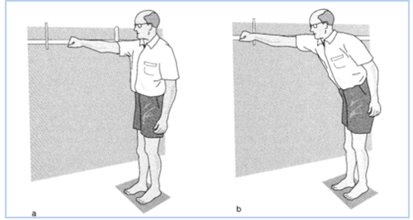 <p>About:</p><p>-max reach in standing position</p><p>Results/cut offs (combined men and women)</p><p>20-40 y/o: 14.5-17in</p><p>41-69 y/o: 13.5 - 15 in</p><p>70-87 y/o: 10.5-13.5 in</p><p>A score of 6 or less is significant fall risk</p><p>A score btw 6-10 is mod fall risk</p>