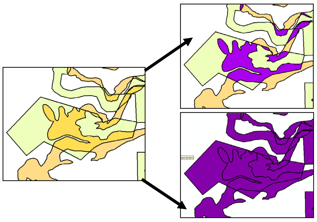 <p>Intersect: keeps common areas</p><p>Union: keeps all areas</p>