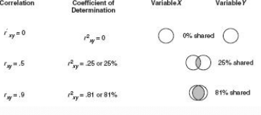 <p>The coefficient of determination represents how much variation 2 variables share (in percentages)</p><ul><li><p>In other words, how much of the variance in variable X can be accounted for, or is shared, by the variance in Y (and vice-versa)</p></li><li><p>Another way to say how much 2 variables have in common</p></li></ul>