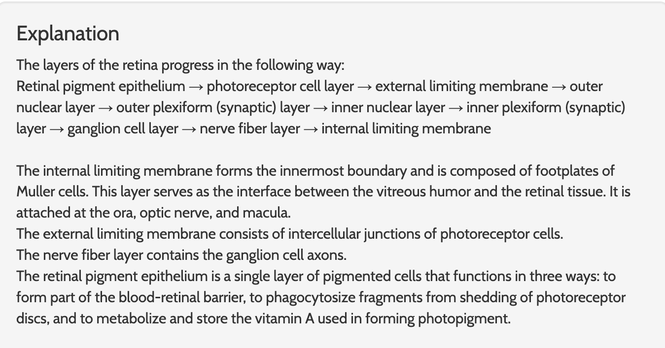 <p>List the layers of the retina starting from the retinal pigment epithelium </p><ul><li><p>Plexiforms layers are closer to the vitreous </p></li></ul><p></p>