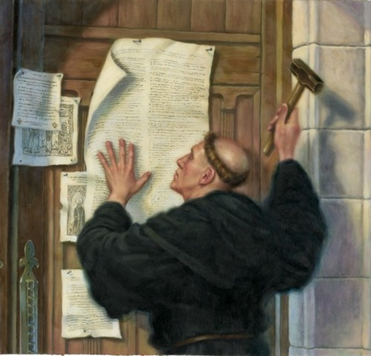 <p>List of complaints nailed to a German church by Martin Luther; these ideas sparked Protestant Reformation</p>