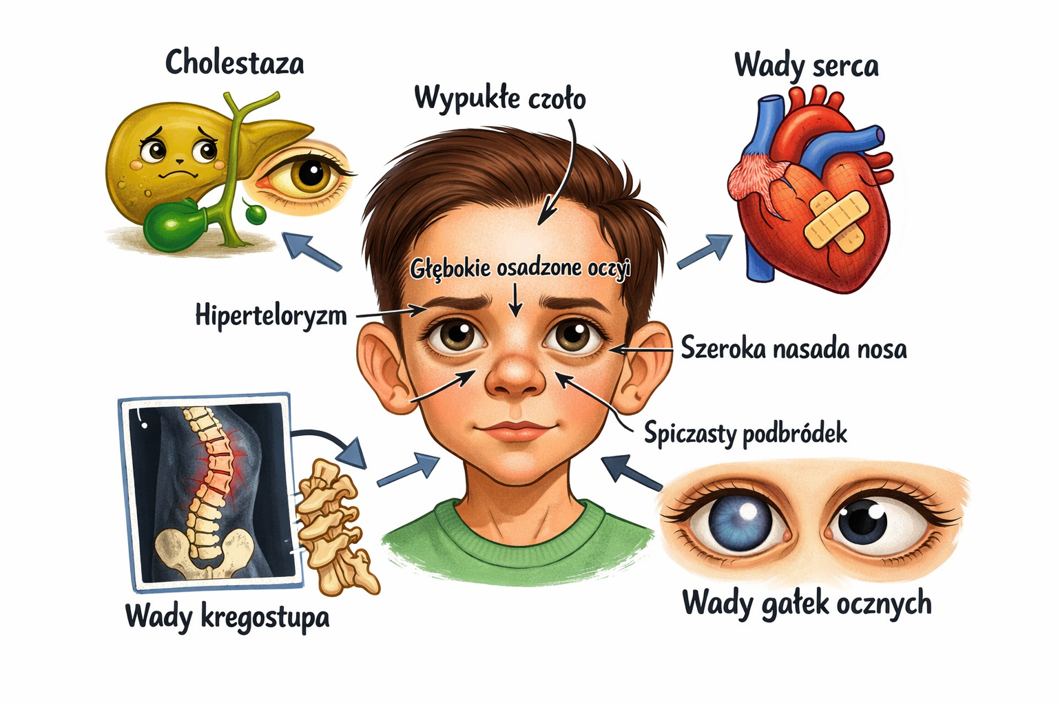 <p><span><span>choroba wielonarządowa, </span></span></p><p><span><span>dziedziczona autosomalnie dominująco, </span></span></p><p><span><span>przez mutację genu Jagged1 (</span></span><em>JAG1</em><span><span>)</span></span></p><p></p><p>cechy główne:</p><ol><li><p class="first:mt-0 mt-2">nieprawidłowy fenotyp twarzy (wydatne, wypukłe czoło, głęboko osadzone oczy, hiperteloryzm, szeroka nasada nosa, spiczasty podbródek)</p></li><li><p class="first:mt-0 mt-2">cholestaza</p></li><li><p class="first:mt-0 mt-2">wady serca</p></li><li><p class="first:mt-0 mt-2">wady kręgosłupa </p></li><li><p class="first:mt-0 mt-2">wady gałek ocznych </p></li></ol><p class="first:mt-0 mt-2"></p><p class="first:mt-0 mt-2">Kwas ursodeoksycholowy (UDCA) </p><p class="article-paragraph">Leczenie świądu – inhibitory transportera kwasów żółciowych w&nbsp;jelicie krętym [<em>ileal bile acid transporter</em> – IBAT])</p><p></p>