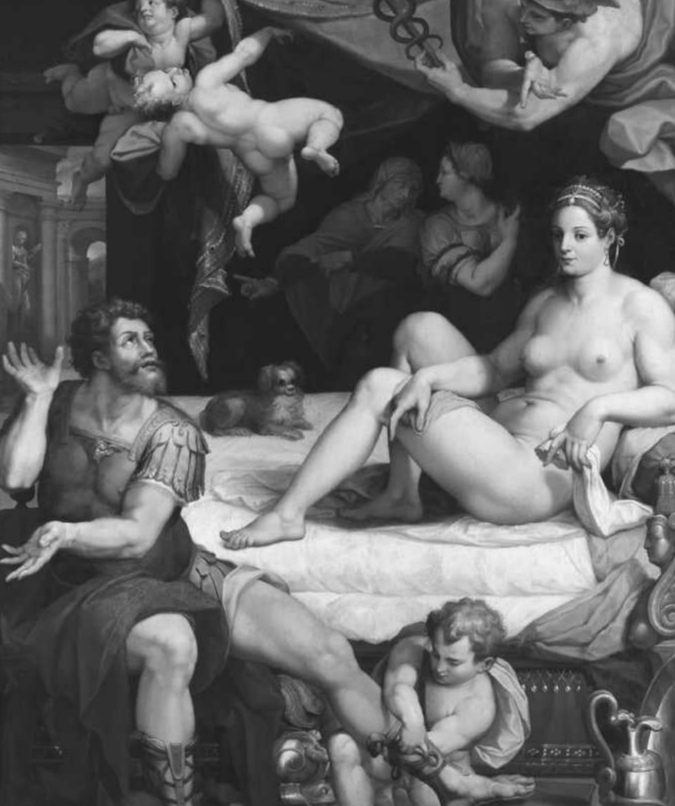 <p>Figure 4.3: Who is the seated male figure on a stool being confronted, preparing to leave?</p>