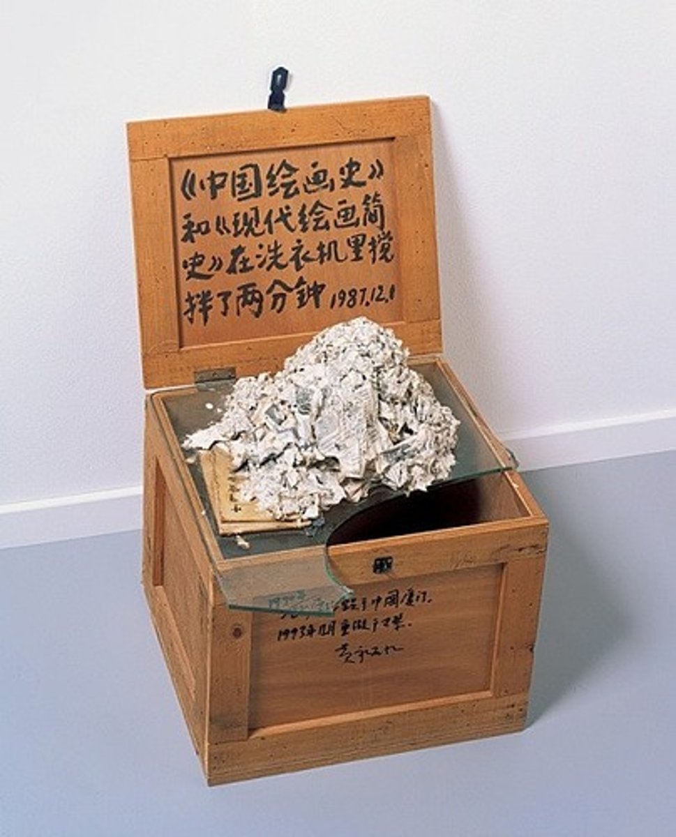 <p>Title: A History of Chinese Painting and A Concise History of Modern Painting Washed in a Washing Machine for Two Minutes</p><p>Time: 1980s.</p><p>Known for:</p><ul><li><p>East-West fusion; erased art histories via literal washing.</p></li><li><p>piece questions how <strong>history, culture, and identity</strong> are <strong>washed away</strong> or transformed in the face of <strong>political change</strong> and <strong>globalization</strong>.</p></li><li><p>often used unconventional materials and methods to provoke thought about the intersection of <strong>art, history, and societal development</strong>.</p></li></ul><p></p>