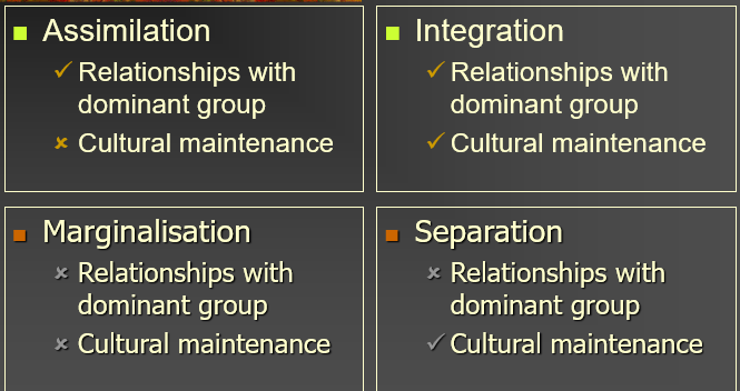 <ul><li><p>assimilation</p></li><li><p>integration</p></li><li><p>marginalisation</p></li><li><p>separation</p></li></ul>