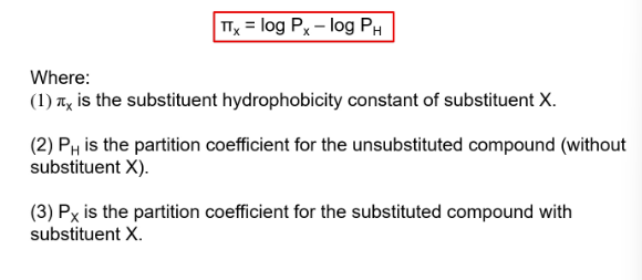 <p>a measure of the subsitiuent hydrophobicity compared to hydrogen</p><p></p><p>basically tells us how hydrophobic or hydrophilic a chemical group (substituent) is compared to hydrogen.</p>