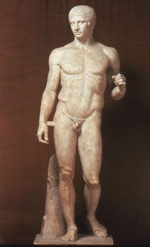 Polykleitos. 
Original 450-440 B.C.E. Roman copy (marble) of Greek original (bronze).

Roman's came back with Art spoils of war in 211, replicated art for Roman elites. Much of Greek art was melted down from bronze into weapons. 

Polykleitos believed beauty exists in proportions. The canon refers to measure, the math and ratios in Greek Art. Contrapossto.