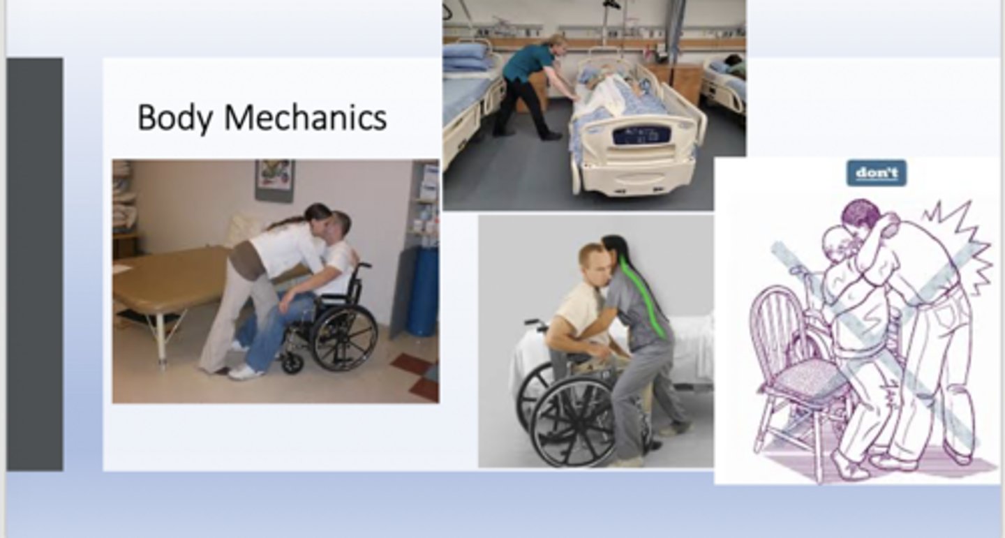 <p>- tuck your tail bone</p><p>- solid BPS</p><p>- engage core to protect back</p><p>- deepen squat</p><p>- slight bend in elbow</p><p>- head between ct. head and the target location (i.e. w/c)</p>