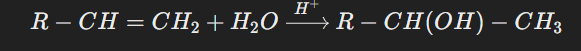 <p>Alkene + Water (acid) → Alcohol</p>