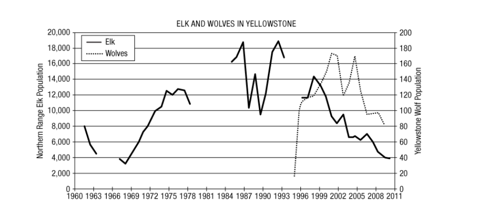 <p><span>Wolves were reintroduced into Yellowstone National Park in 1995. In addition to tracking changes in the wolf population, scientists were interested in how the wolves would affect other parts of the Yellowstone ecosystem. In particular, they were interested in changes to the population of elk, the wolves’ primary prey. The graph below shows the population size of the wolf and elk populations over time.</span></p><p></p><p>Which of the following best describes the change in the elk population since the introduction of wolves into Yellowstone in 1995?</p><p>A) <span>The elk population steadily increased in numbers.</span></p><p><span>B) The elk population steadily decreased in numbers.</span></p><p><span>C) The elk population remained stable, experiencing little changes.</span></p><p><span>D) The elk population reached carrying capacity and experienced overshoot.</span></p>