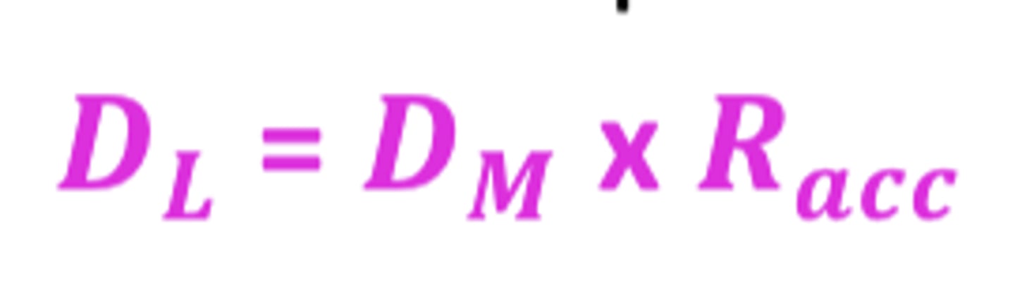 <p>DL = DM x Racc</p><p>DL= loading dose</p><p>DM= maintenance dose</p>