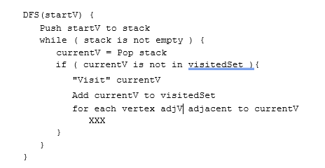 <p>43) Which statement would replace XXX in the given depth-first search traversal algorithm?</p><p>PICTURE NEEDED</p><p>a. Push adjV to stack</p><p>b. currentV = adjV</p><p>c. Pop adjV</p><p>d. Push adjV to visitedSet</p>