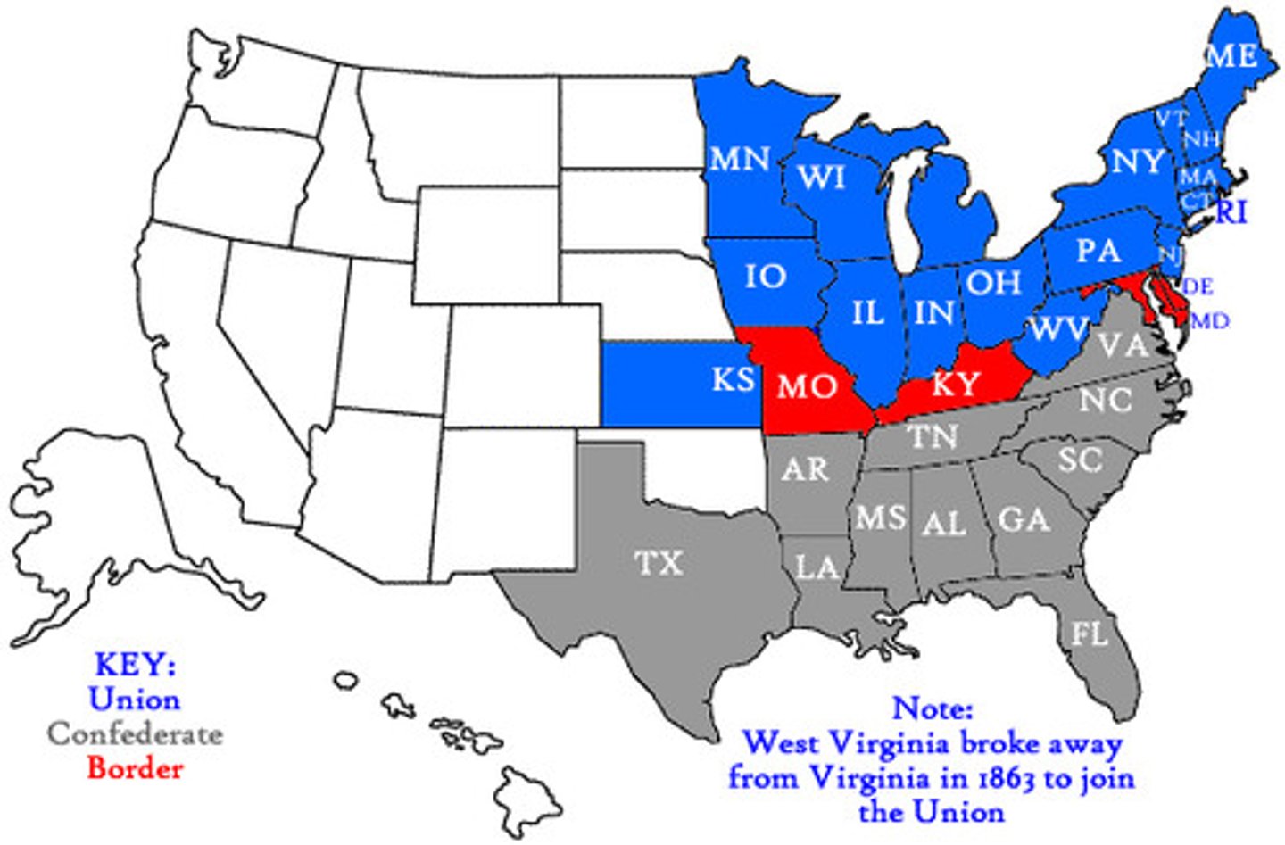 <p>Missouri (MO)</p><p>Kentucky (KY)</p><p>Maryland (MD)</p><p>Delaware (DE)</p>