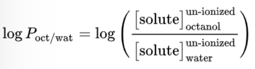 <p><u>logP</u></p><ul><li><p><span><span>The ratio of the </span><mark data-color="yellow" style="background-color: yellow; color: inherit;"><span>concentrations of a (non-ionised) solute</span></mark><span> between two solvents</span></span></p></li><li><p><span><span>If one of the solvents is </span><strong><span>water </span></strong><span>and the other is a </span><strong><span>non-polar solvent</span></strong><span>, log P becomes a </span><strong><span>measure of hydrophobicity </span></strong><span>(or lipophilicity)</span></span></p></li></ul><p></p><p>logP < 0 (more hydrophilic)</p><p>logP > 0 (more hydrophobic)</p><p>logP = 0 (same affinity for both phases) </p><p></p>