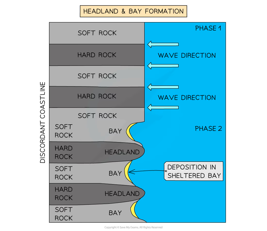 <ul><li><p>Found in areas of alternating bands of resistant (hard) + less resistant (soft) rocks running <strong>perpendicular</strong> to oncoming waves (<strong>discordant</strong> coastline)</p></li><li><p>Initially, less resistant rock (e.g. clay) eroded back, forming a bay</p></li><li><p>Bay = inlet of sea where land curves inwards, usually with beach</p></li><li><p>More resistant rock (e.g. limestone) is left protruding out to sea as headland</p></li></ul>