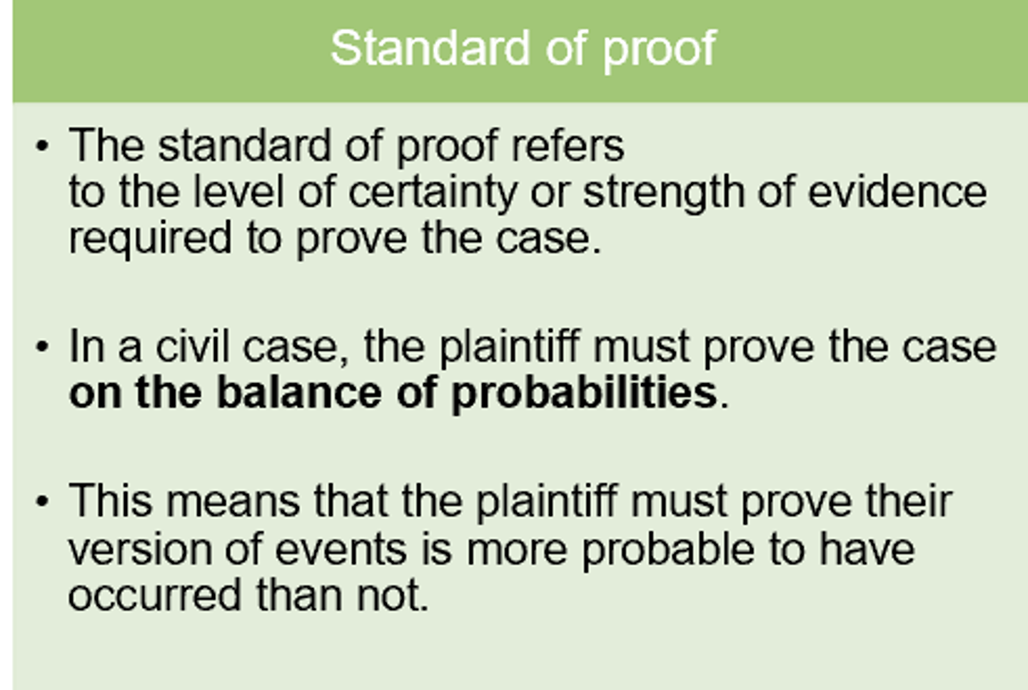 <p>Refers to the amount of evidence the plaintiff must present to the court to win/ There must be sufficient evidence to prove on the balance of probabilities that the facts claimed, by the plaintiff, are substantially true. </p>