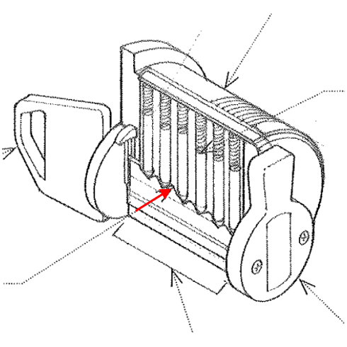<p><span>One of the projecting blades cut to engage with and actuate either or both the bolt and the tumblers of a lock</span></p>