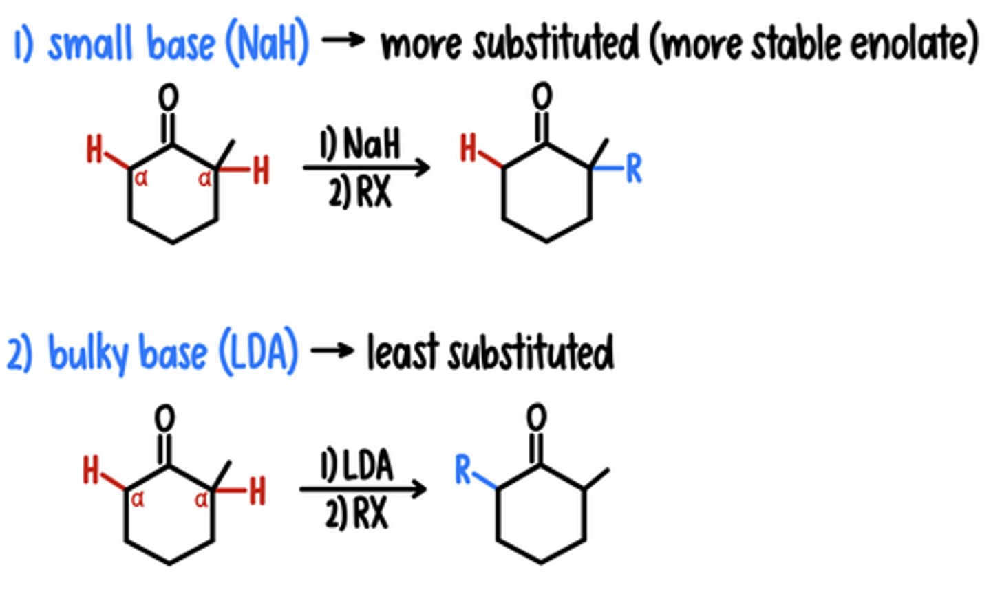 <p>Starting Material: Ketone</p><p>1) Small Base (NaH) → R Added at More Substituted </p><p>Reagents: 1) NaH / 2) RX</p><p>2) Bulky Base (LDA) → R Added at Least Substituted</p><p>Reagents: 1) LDA / 2) RX</p>