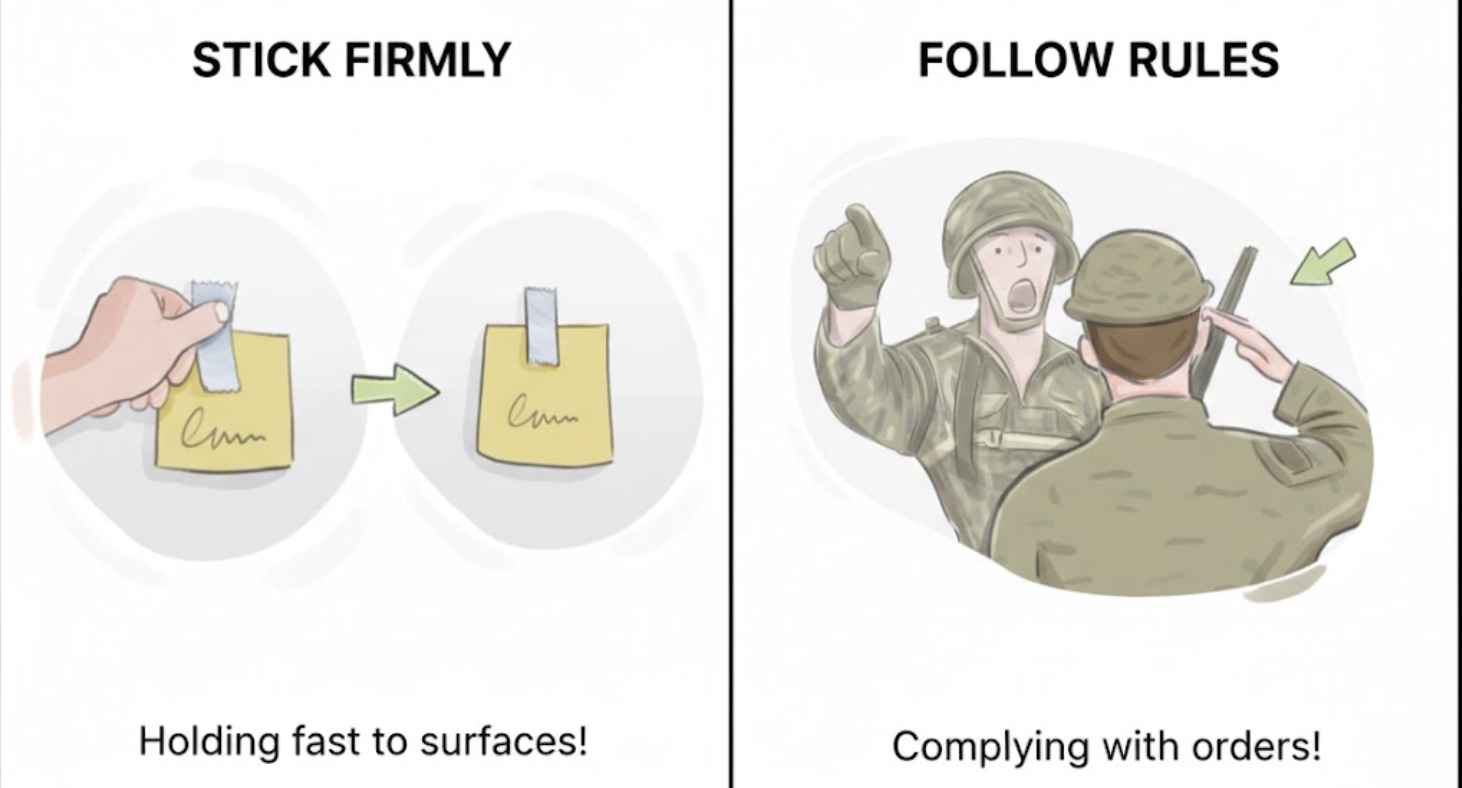 <ol><li><p><mark data-color="green" style="background-color: green; color: inherit;">____ + to</mark></p></li></ol><p><span style="color: yellow;"><span>(Tuân thủ, gắn bó, tôn trọng)</span></span></p><ol start="2"><li><p>To stick firmly to a surface or substance.</p></li></ol><p><mark data-color="green" style="background-color: green; color: inherit;">to + ____</mark></p><p>(Dính chặt, bám vào)</p><p><strong>Dạng liên quan:</strong></p><ul><li><p><strong>Adherence</strong> (Danh từ - sự tuân thủ)</p></li><li><p><strong>Adhesive</strong> (Danh từ - chất kết dính)</p></li></ul><p></p>