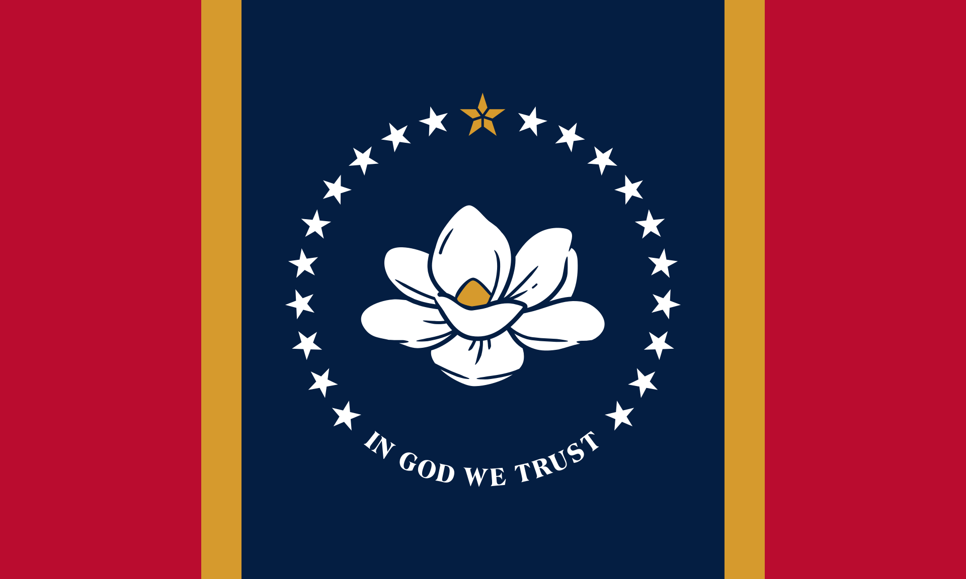 <p>Red background with a vertical dark blue rectangle in the middle. White magnolia surrounded by 21 stars</p>