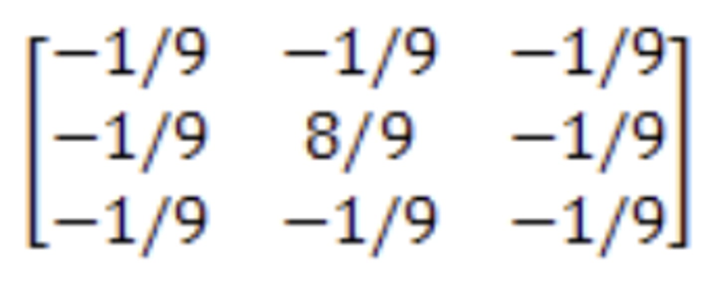 <p>A high-pass filter (HPF)</p><p>-De-emphasizes large-area changes in brightness. </p><p>-Emphasizes local detail. </p><p>-enhances edges</p><p>-eliminates low frequency information</p><p>(tool for sharpening an image).</p><p>The kernel of the high pass filter is designed to increase the brightness of the center pixel relative to neighboring pixels</p><p>ex: (image)</p><p>A low-pass filter (LPF) </p><p>-Passes the low frequency information </p><p>-Emphasizes large-area changes in brightness. </p><p>-De-emphasizes local detail and smoothes noise</p><p>-reduces noise</p><p>ex: an array of ones divided by the number of elements within the kernel (1/9 in 3x3)</p>