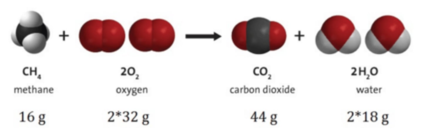 <p>First formulated by Lavoisier in the 18th century and is the foundation of balancing chemical equations. The law states that in a chemical reaction, the mass of substances produced is equal to the mass of substances reacted.</p><p>mass (before reaction) = mass (after reaction)</p><p>Reactants -&gt; Products</p>