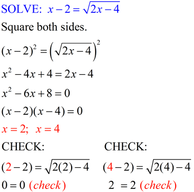 <p>The process of isolating the radical on one side of the equation, squaring both sides to eliminate the radical, and then solving the resulting equation for the variable. This may require checking for extraneous solutions. </p>