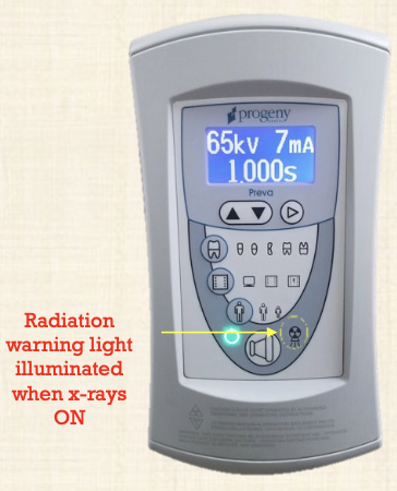 <p>All radiation-producing devices must be equipped with visual and audible warning signals, activated when the device is emitting x-rays</p><p>-Warning lights are located on the device control panel</p><p>-Beep when x-rays are activated</p>