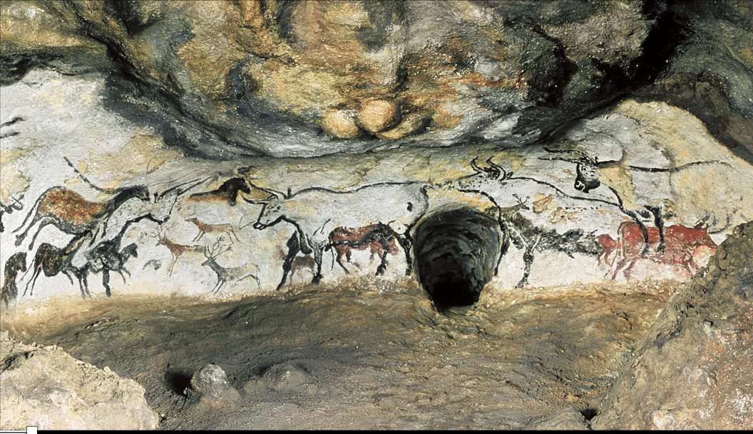 <p>Lascaux: HALL OF BULLS<br><strong>Lascaux</strong> Cave. Dordogne, France. c. 15,000 BCE.<br>Paint on limestone, length of largest auroch (bull) 18' (5.50 m).</p><p>Sites now closed off because off visitors bringing in heat, humidity, exhaled carbon dioxide</p><p>Paleo</p>