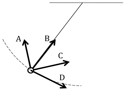 <p>A mass attached to a string that is itself attached to the ceiling swings back and forth. If the bob is observed to be moving upward at a given instance, as shown in the image, which arrow best depicted the direction of the <em>net force</em> acting on the bob at that instant?</p>