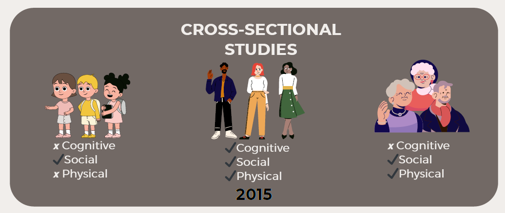 <ul><li><p>Different age groups measured at one time</p></li><li><p>Useful for observing group differences and cohort effects</p></li><li><p>Fast and cheaper<br><strong>Limitations:</strong> cohort effects, cannot show individual change over time</p></li></ul><p></p>