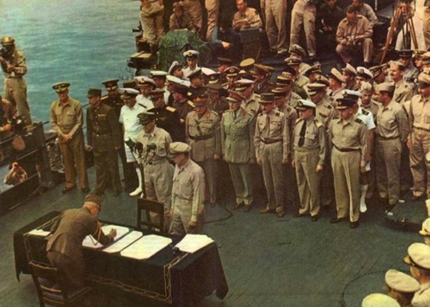 <p>On September 2, 1945 the formal peace treaty was signed on board the American Battle ship Missouri.</p>