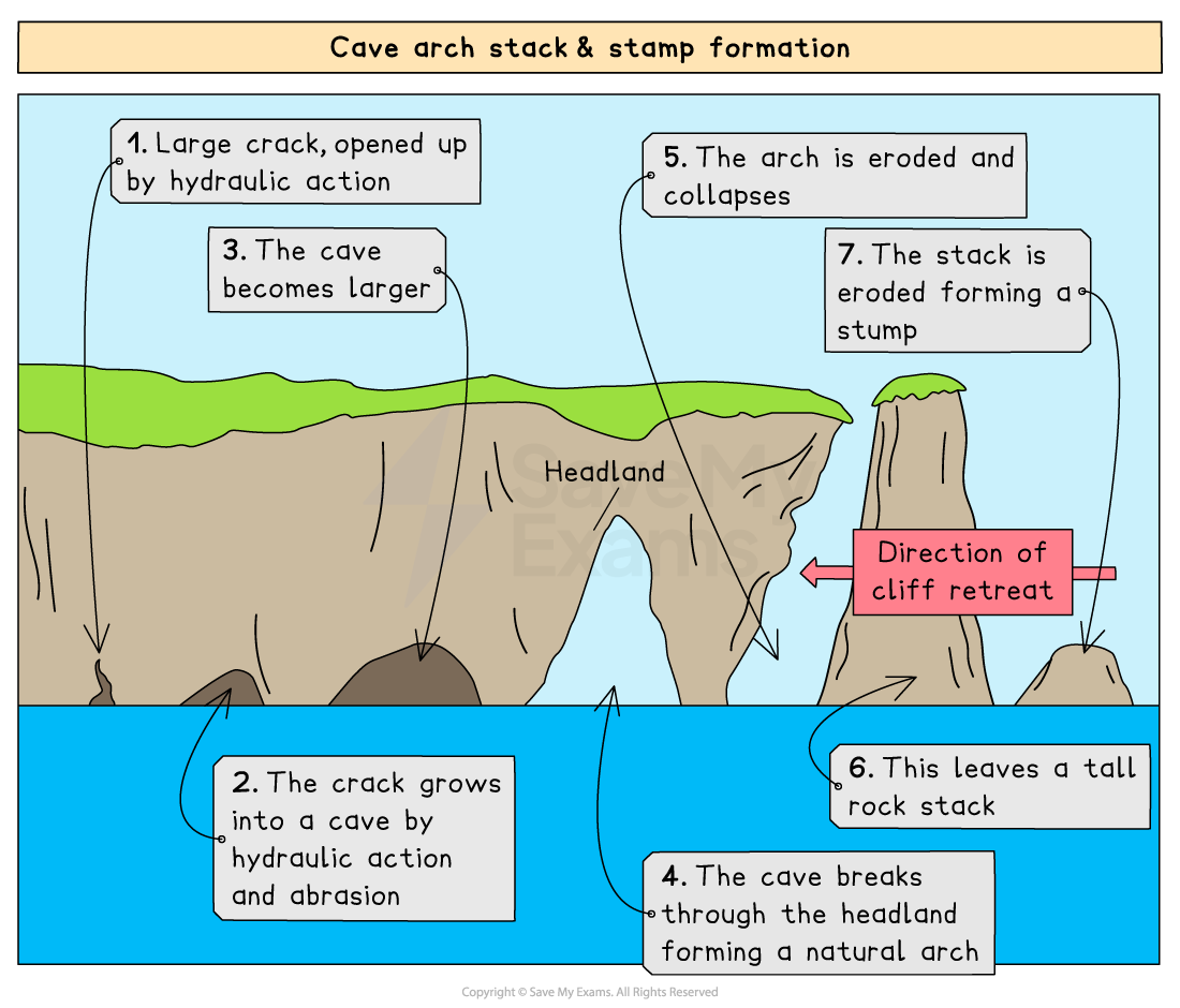 <p>Explain the formation of caves, arches, stacks and stumps.</p>