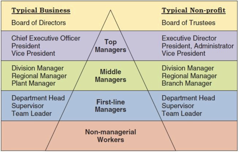 <p>1) top managers 2) middle managers 3) first line managers 4) non-managerial workers</p>