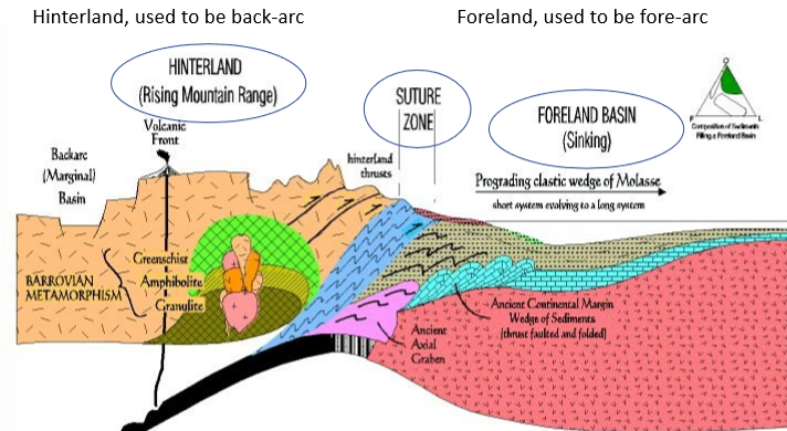 <p>contact between hinterland and foreland blocks, represents a closed ocean basin </p><p>scraps of ocean crust or accretionary complex</p>