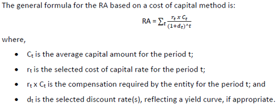 <p>RA based on compensation required to meet target return on capital</p><ul><li><p>3 Components</p><ul><li><p>Projected capital amts</p></li><li><p>CoC rates</p></li><li><p>Discount Rates</p></li></ul></li></ul><p><strong>Pro: </strong>conceptually close to def’n of RA</p><p><strong>Con: </strong>operationally complex bc need projection of capital requirements</p><p></p>
