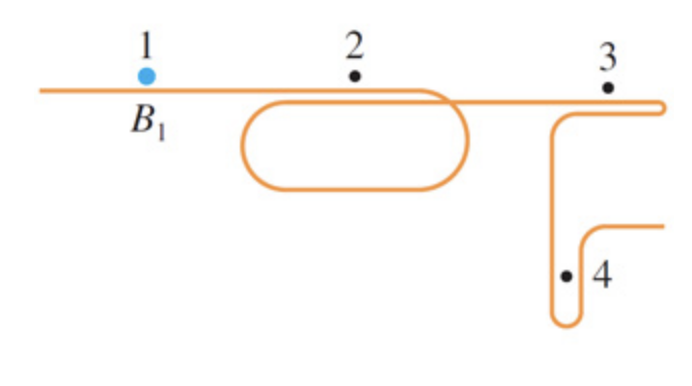 <p><span><span>Suppose that the magnetic field at point 1 is </span></span><span style="line-height: normal;"><span>B1</span></span> = 26 <span style="line-height: normal;"><span>mT</span></span> <span><span>in</span></span> <span>(</span><span><u><span>Figure 1</span></u></span><span>)</span>.<span><span> Assume that the wires overlap closely at 2 and 3, that each point is the same distance from nearby wires, and that all other wires are too far away to contribute to the field. What is the magnetic field strength at points 2 to 4 in </span></span><span>(</span><span><u><span>Figure 1</span></u></span><span>)</span>? [in nT],</p>