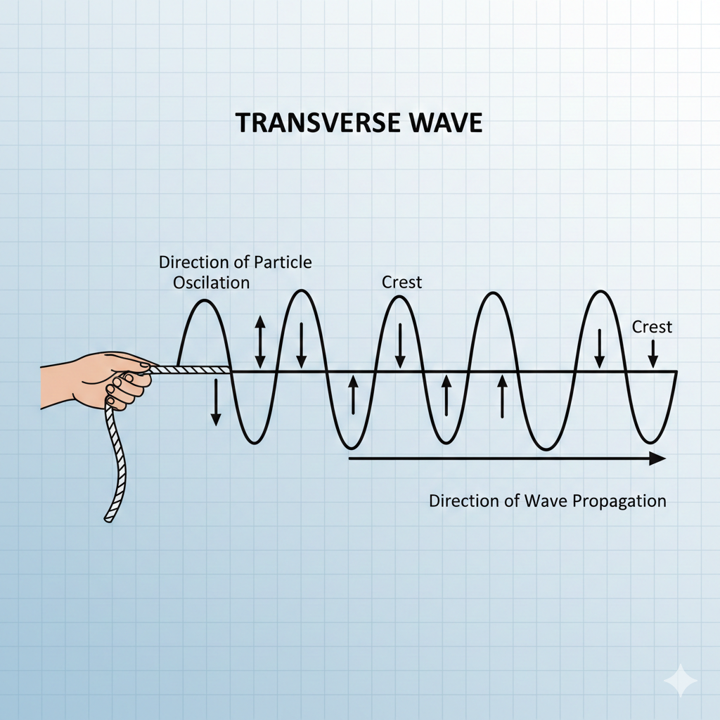 <p>A wave in which the particles of the medium oscillate in a direction perpendicular ($$90^{\circ}$$) to the direction of the wave's propagation.</p>