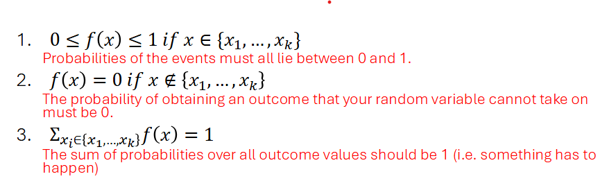 <p>3 properties for a valid PDF:</p><ul><li><p>f(x) &gt; 0</p></li><li><p>The integral of f(x)dx = 1</p></li></ul><p></p>