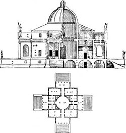 <p>Andrea Palladio - Villa Rotonda k/ Vicenzy, (plan, bryła, elewacje), 2 poł. XVI w., dojrzały</p><p class="p1">renesans/ cinquecento</p>