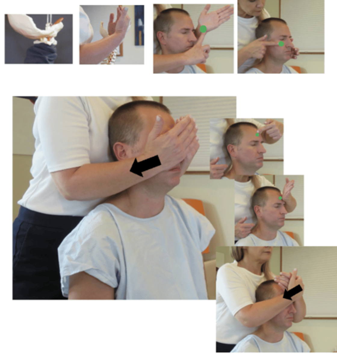 <p>• PP: Seated in chair with a back, permission to contact the face, identify how you found the segment, roll towel behind cervical spine to maintain curve</p><p>• DP: Stand behind patient, compressing patients head against your body, tissue slack S-I</p><p>• CH: Calcaneal contact of both hands, superior aspect of zygoma bilaterally, fingers pointing cephalad arching over patient eyes</p><p>• IH: same as contact hand</p><p>• Vec: S-I , with enough A-P to stay on contact</p><p>*long access distraction through the legs as a preadjustive tension</p><p>**alternate contact- reinforced pisiform/glabella</p>