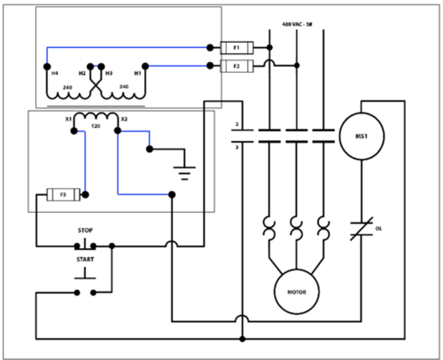 <p>Drag and drop diagram elements to complete the following wiring diagram of the connections for the primary and the secondary of the control simulator. The control transformer is dual-rated 240/480-volt primary and 120-volt secondary winding. The source voltage is 480 volts AC, 3-phase.</p>
