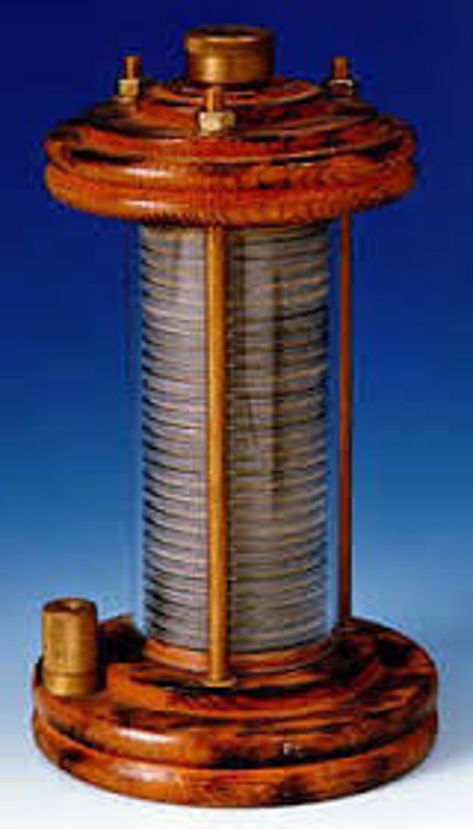 <p>Alessandro Volta</p><p>Voltaic Pile: layers of metal & zinc. When wires were attached, a current would be induced.</p>