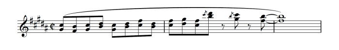 <p>An <strong>ascending melody</strong>, also using the <strong>B major pentatonic scale</strong> with the notes once again falling into <strong>groups of three</strong>. This time the phrase ends in a more ‘pop’ style with the use of <strong>grace notes</strong> and <strong>syncopation</strong></p>